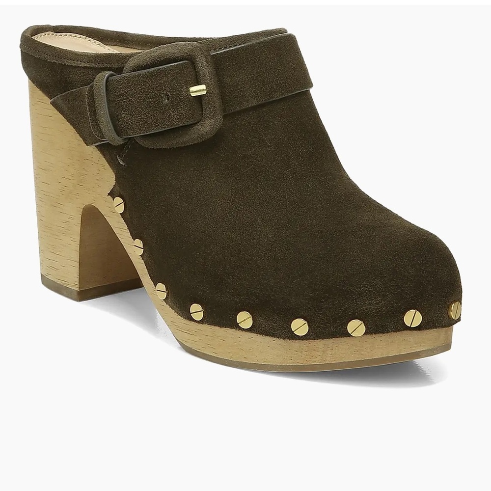 NEW Veronica Beard Boho Olive Army Green Suede Mules with Wooden Heel - Picture 2 of 6